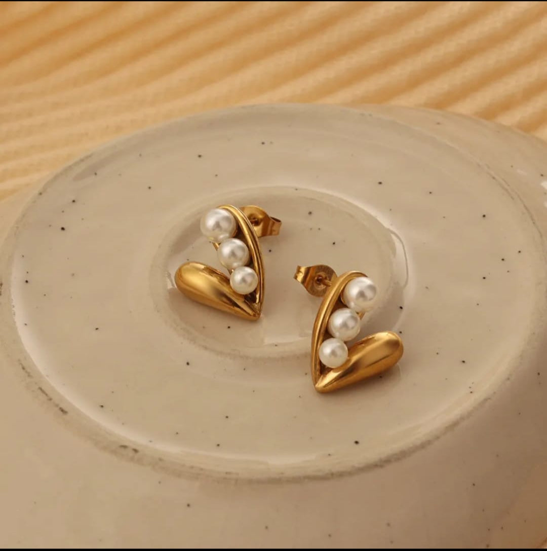 Gold Heart Pearl Drop Earrings | Elegant