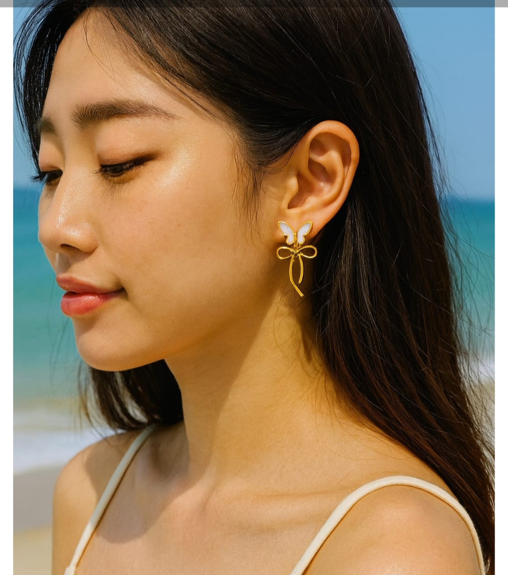 Gold Butterfly Bow Stud Earrings | Korean Style