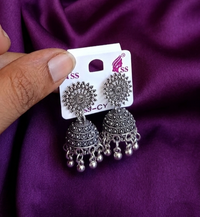 Sun-Wheel Mandala Oxidized Silver Jhumkas