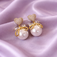 Romantic Heart Bow Pearl Drop Earrings