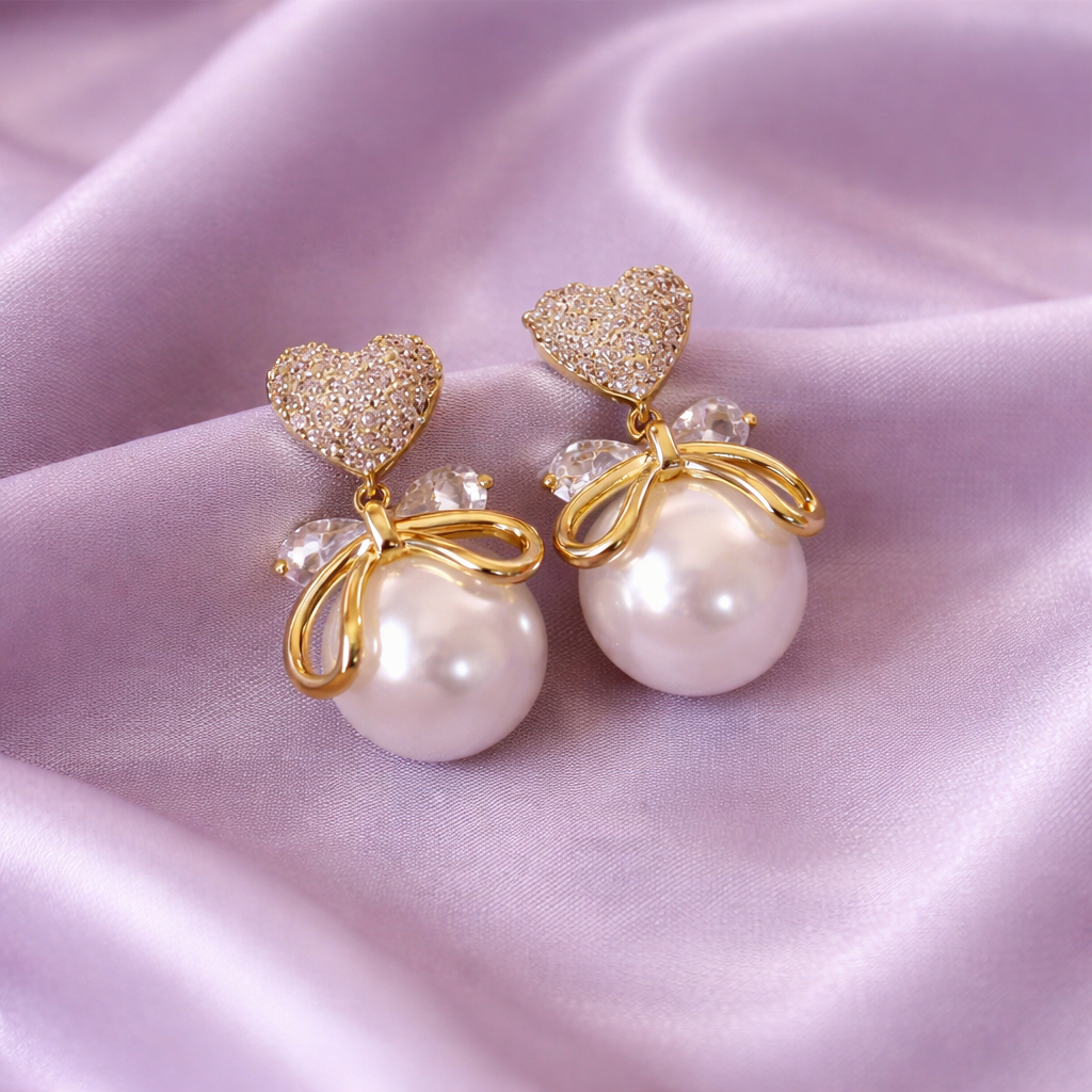 Romantic Heart Bow Pearl Drop Earrings
