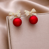 Elegant Gold Bow Red Pearl Drop Earrings