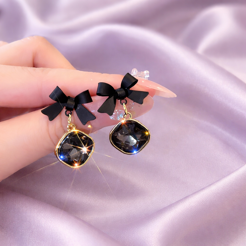 Chic Black Bow Crystal Drop Earrings