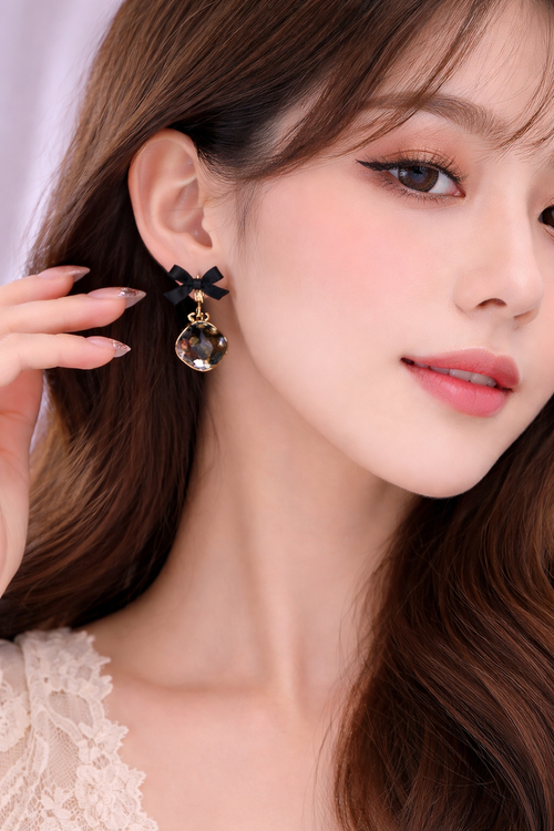 Chic Black Bow Crystal Drop Earrings