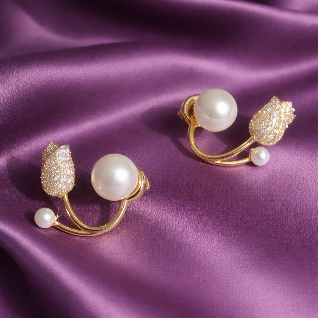 Elegant Tulip Pearl Gold Earrings