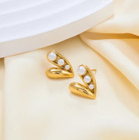 Gold Heart Pearl Drop Earrings | Elegant